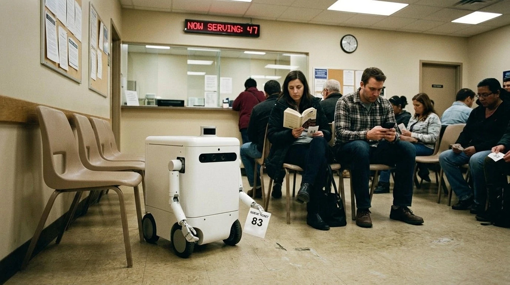 A robot waiting in line