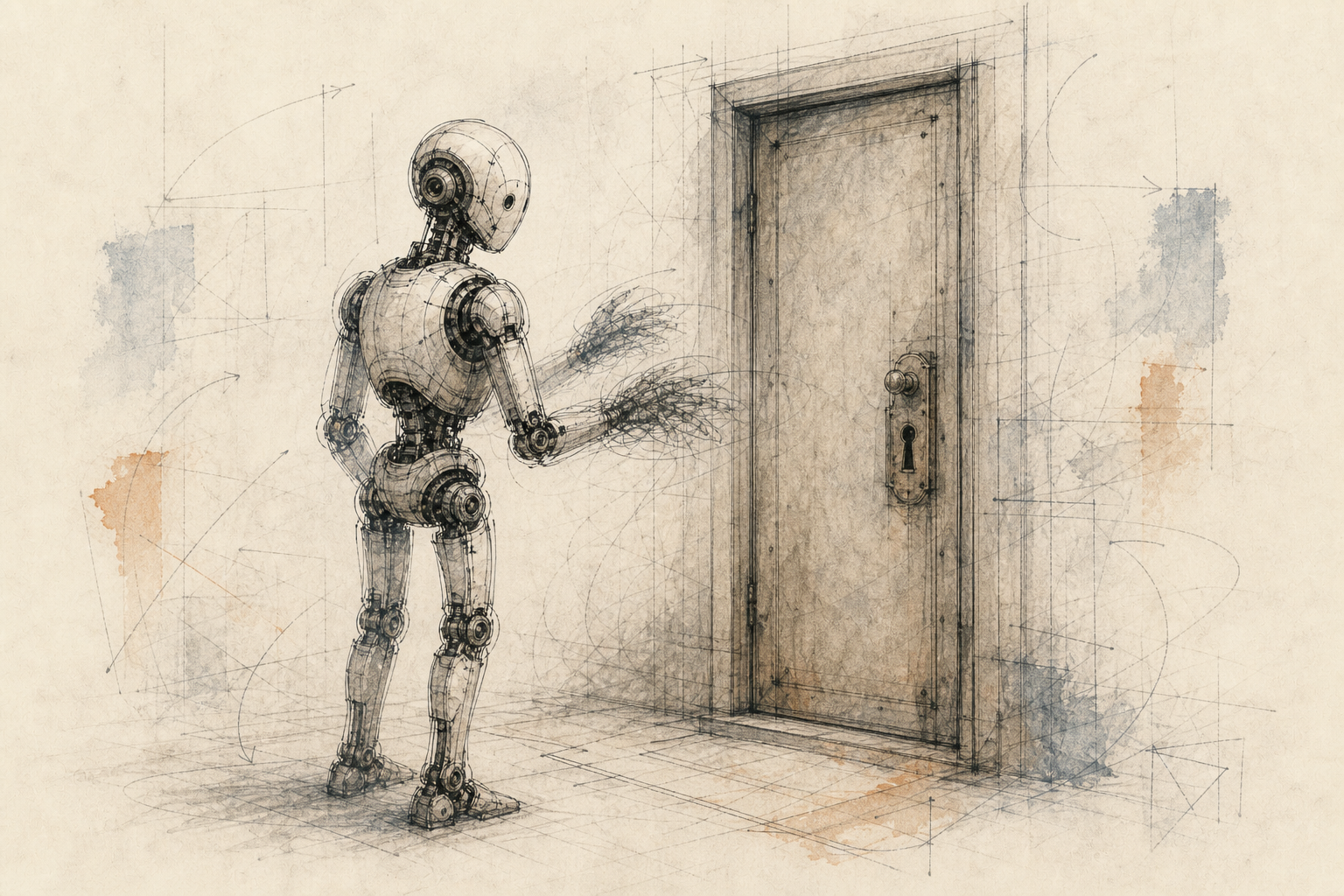 A hand-drawn robot agent reaches toward a locked door, with blurred hands and abstract decision lines.